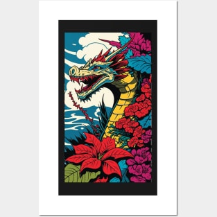 Dragon Vibrant Tropical Flower Tall Retro Vintage Digital Pop Art Portrait Posters and Art